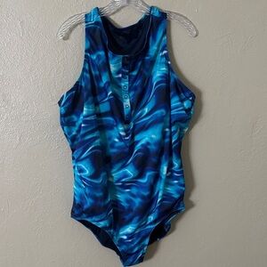 Lands End Women’s Plus Size One Piece Snap Front Swimsuit Blue 24W NWOT